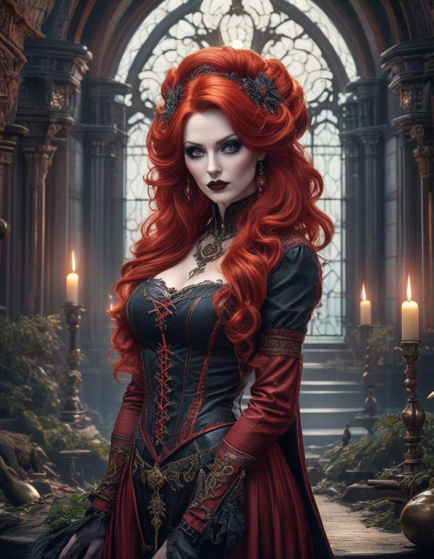  gothic style midshot, centered image, ultra detailed illustration of Poison Eve posing, redhead, (tetradic colors), inkpunk, strong outlines, art by MSchiffer, bold traces, unframed, high contrast, vector, 32k resolution, best quality, flat colors, flat lights . dark, mysterious, haunting, dramatic, ornate, detailed hyperrealistic, full body, detailed clothing, highly detailed, cinematic lighting, stunningly beautiful, intricate, sharp focus, f/1. 8, 85mm, (centered image composition), (professionally color graded), ((bright soft diffused light)), volumetric fog, trending on instagram, trending on tumblr, HDR 4K, 8K