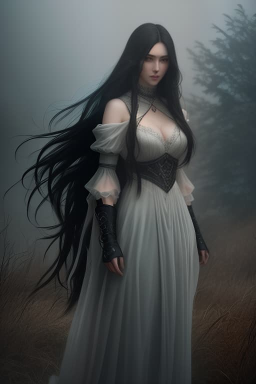  A slender young . Black hair is flowing freely in the wind. Green eyes. There is fog in the background, a gloomy atmosphere hyperrealistic, full body, detailed clothing, highly detailed, cinematic lighting, stunningly beautiful, intricate, sharp focus, f/1. 8, 85mm, (centered image composition), (professionally color graded), ((bright soft diffused light)), volumetric fog, trending on instagram, trending on tumblr, HDR 4K, 8K