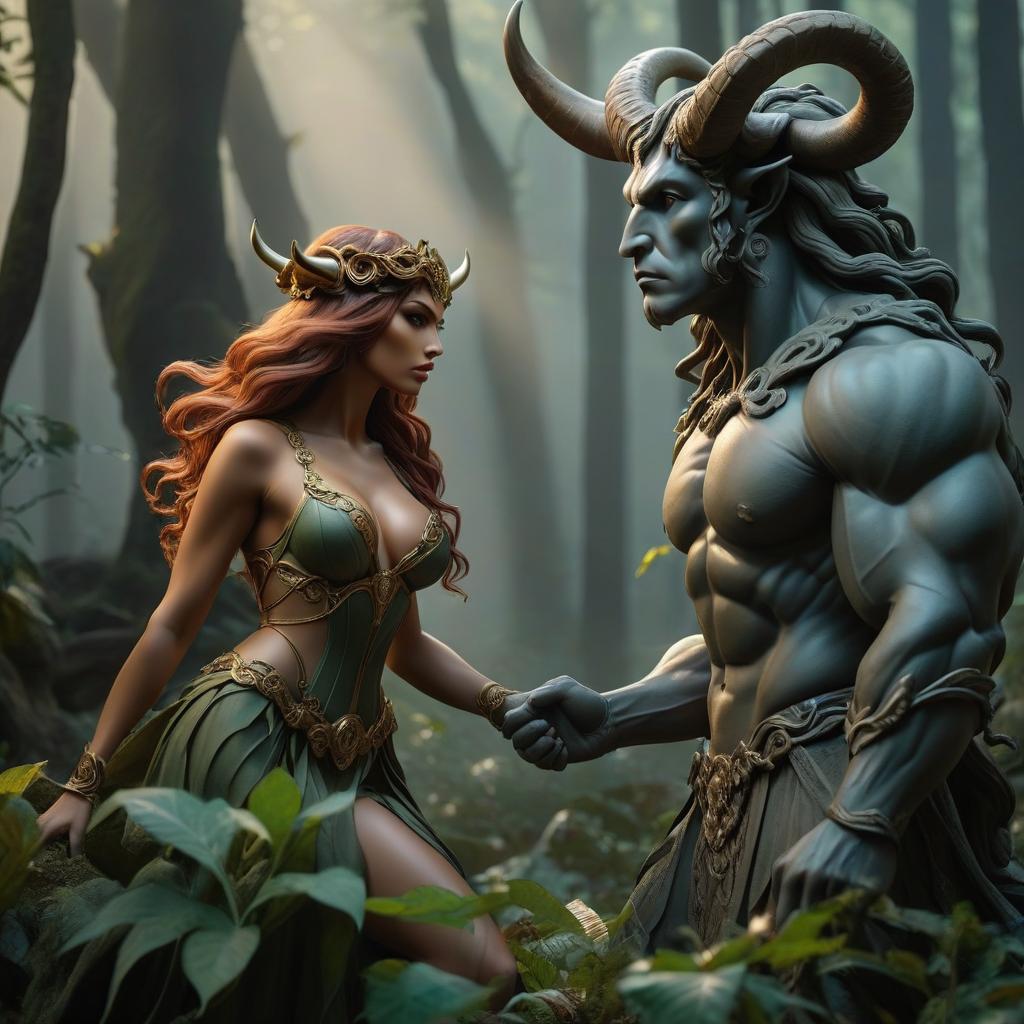  picture, a man Minotaur meets a girl Medusa Gargona, an enchanted forest, destroyed sculptures around, mystical atmosphere hyperrealistic, full body, detailed clothing, highly detailed, cinematic lighting, stunningly beautiful, intricate, sharp focus, f/1. 8, 85mm, (centered image composition), (professionally color graded), ((bright soft diffused light)), volumetric fog, trending on instagram, trending on tumblr, HDR 4K, 8K