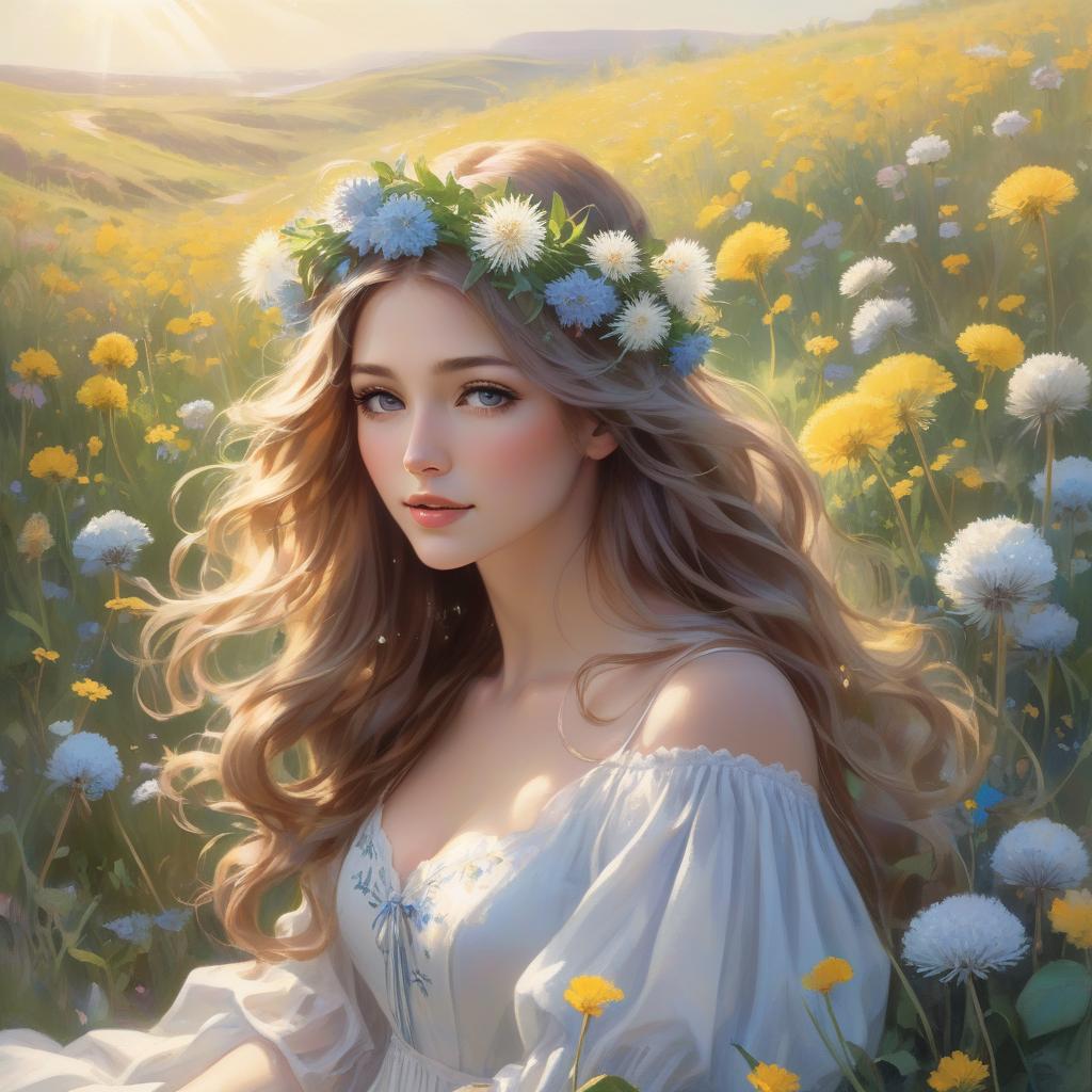  watercolor painting A with a floral crown and flowing hair is amidst a bright field of flowers, sunlight dappling through, creating a serene, magical atmosphere In the style of Daniel F Gerhartz and Morgan Weistling. A young with long, wavy hair adorned with small blue and white flowers blowing on a dandelion in a meadow filled with dandelions and other small flowers. She wears a white dress with puffy sleeves. The scene is ed in soft, warm light, creating a dreamy, ethereal atmosphere. Started from image: . vint, beautiful, painterly, detailed, textural, artistic hyperrealistic, full body, detailed clothing, highly detailed, cinematic lighting, stunningly beautiful, intricate, sharp focus, f/1. 8, 85mm, (centered image composition), (professionally color graded), ((bright soft diffused light)), volumetric fog, trending on instagram, trending on tumblr, HDR 4K, 8K