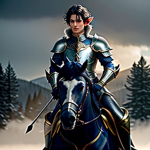  A dark haired elf of the male gender in blue armor sits on a white horse, gallops across a gloomy plain, shines in the dark, oil, impressionism. hyperrealistic, full body, detailed clothing, highly detailed, cinematic lighting, stunningly beautiful, intricate, sharp focus, f/1. 8, 85mm, (centered image composition), (professionally color graded), ((bright soft diffused light)), volumetric fog, trending on instagram, trending on tumblr, HDR 4K, 8K