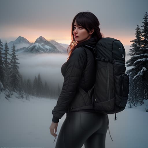  A photograph of a Scandinavian woman (young woman:1.4) walking with ((large hiking backpack)) on a road in the mountains. She is looking at the camera over her shoulder, medium length brown hair, sports jacket and breeches, light hiking boots, mesmerising beautiful nature around, sun rising from behind the mountains, dawn, atmospheric, mesmerising view, 8k, ultra detail, maximum realism, full frame, colour correction, professional photographer quality, style by Paolo Roversi, (Extremely Detailed Oil Painting:1.2), glow effects, godrays, Hand drawn, render, 8k, octane render, cinema 4d, blender, dark, atmospheric 4k ultra detailed, cinematic sensual, Sharp focus, humorous illustration, big depth of field, Masterpiece, colors, 3d octane rende hyperrealistic, full body, detailed clothing, highly detailed, cinematic lighting, stunningly beautiful, intricate, sharp focus, f/1. 8, 85mm, (centered image composition), (professionally color graded), ((bright soft diffused light)), volumetric fog, trending on instagram, trending on tumblr, HDR 4K, 8K