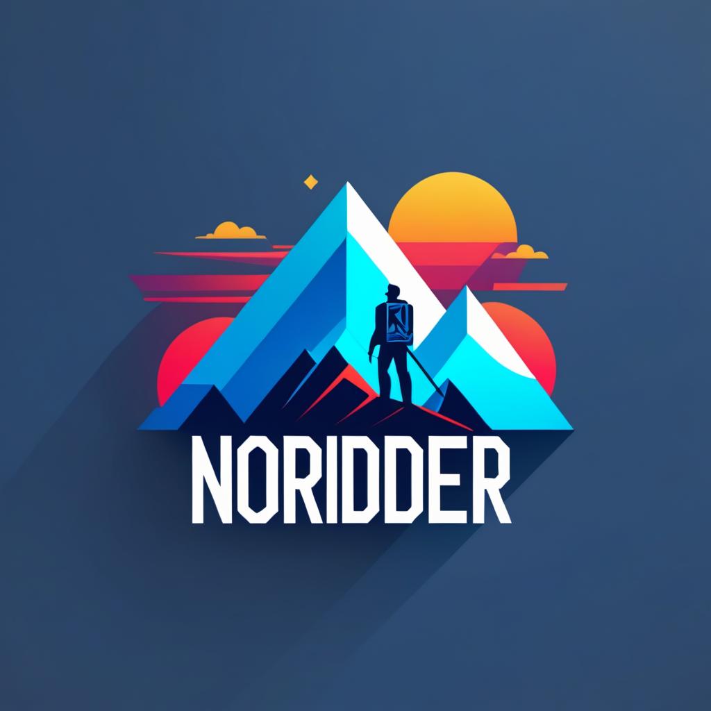  Logo, (geometric style), Wanderer auf Bergwanderung im blauen Sonnenaufgang Richtung „Norden“.