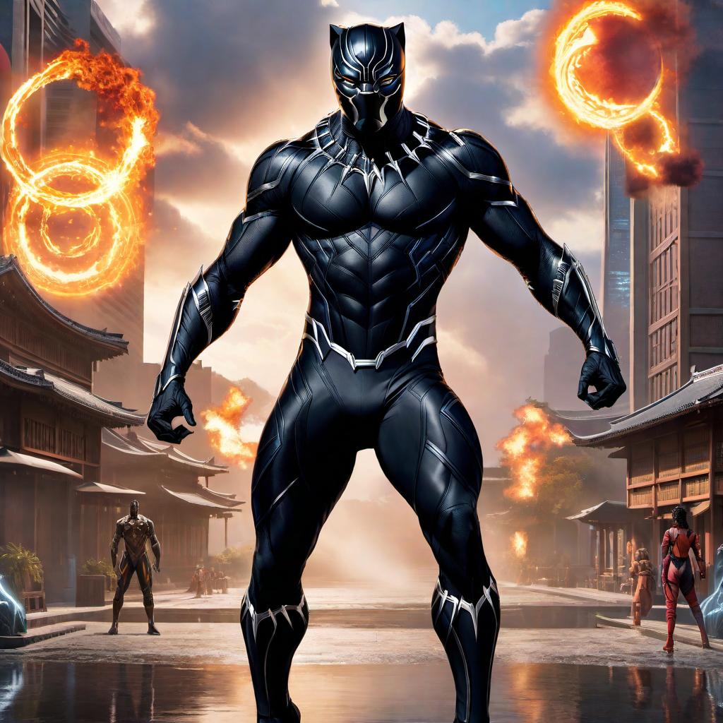  An image of Black Panther with a Naruto anime style. Black Panther is a fictional superhero wearing a sleek black suit with silver accents and sharp claws. The Naruto anime style includes vibrant colors, dynamic poses, and exaggerated features like bold eyes and hairstyles. The image should capture the essence of both characters combined seamlessly. hyperrealistic, full body, detailed clothing, highly detailed, cinematic lighting, stunningly beautiful, intricate, sharp focus, f/1. 8, 85mm, (centered image composition), (professionally color graded), ((bright soft diffused light)), volumetric fog, trending on instagram, trending on tumblr, HDR 4K, 8K