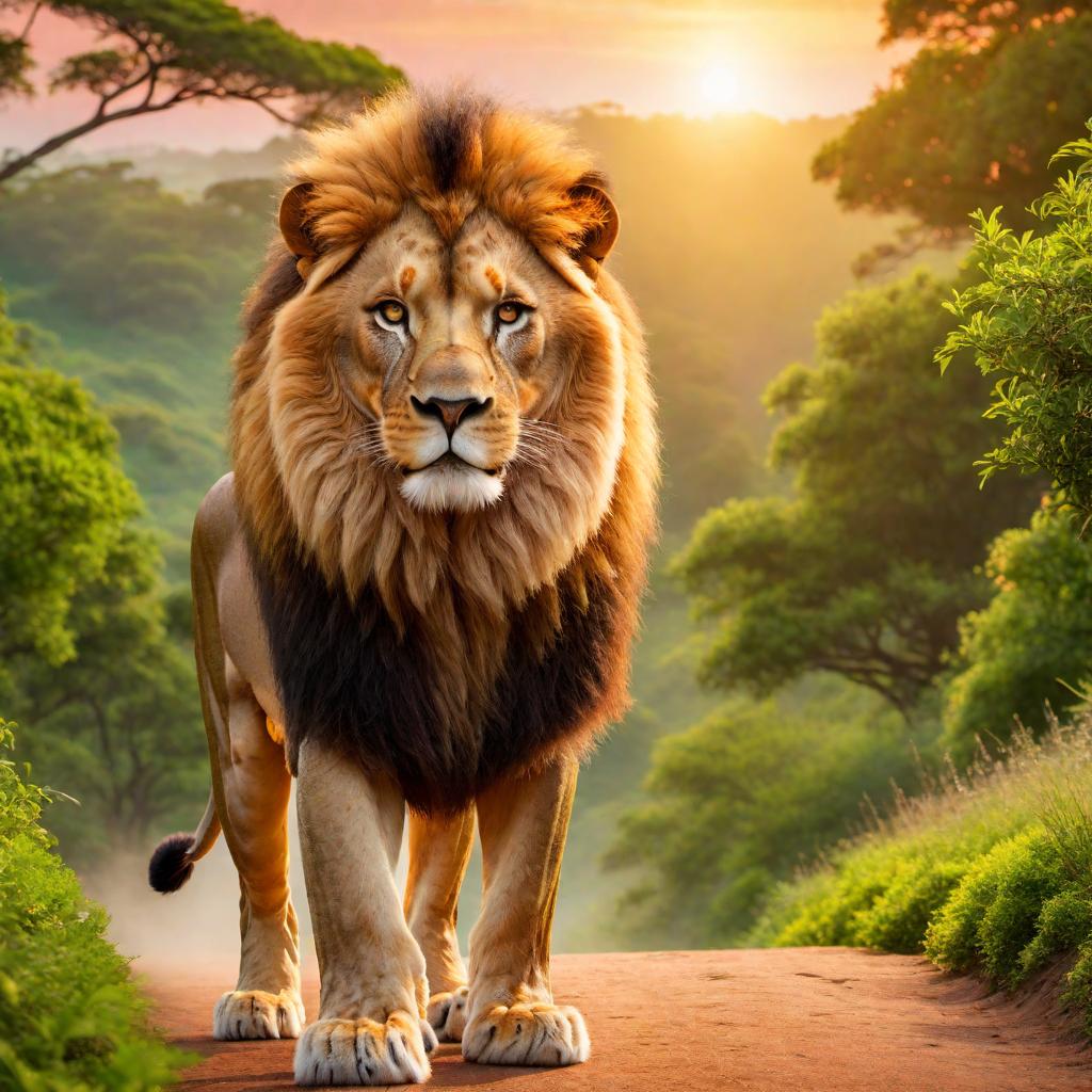  A majestic lion standing on a vibrant, golden path surrounded by lush, green landscapes and a radiant sunset sky. The lion symbolizes strength and the golden path represents the journey ahead filled with opportunities and growth. The sunset sky signifies the transition and new beginnings as the Leo turns 40. hyperrealistic, full body, detailed clothing, highly detailed, cinematic lighting, stunningly beautiful, intricate, sharp focus, f/1. 8, 85mm, (centered image composition), (professionally color graded), ((bright soft diffused light)), volumetric fog, trending on instagram, trending on tumblr, HDR 4K, 8K