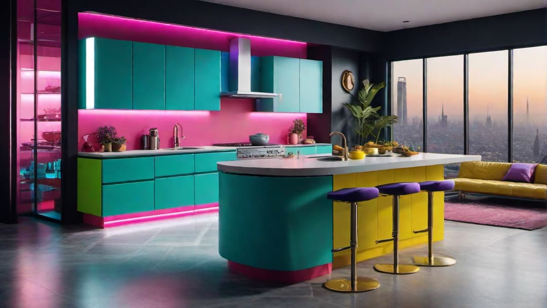  Create an image of an 80s retro kitchen with vibrant colors and bold geometric patterns. The central features include neon pink cabinets, electric blue countertops, and a yellow backsplash. Incorporate abstract geometric wallpaper in neon green and purple hues on the walls. The flooring should be glossy black and white checkered tiles. The overall vibe should reflect the bold and eclectic style iconic of 80s interior design. hyperrealistic, full body, detailed clothing, highly detailed, cinematic lighting, stunningly beautiful, intricate, sharp focus, f/1. 8, 85mm, (centered image composition), (professionally color graded), ((bright soft diffused light)), volumetric fog, trending on instagram, trending on tumblr, HDR 4K, 8K