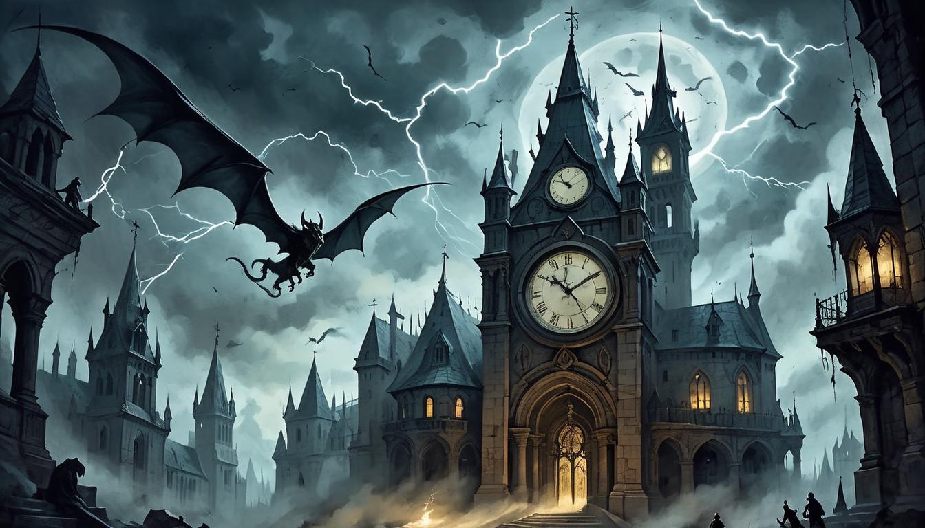  on parchment, surrealism+++, Gothic clocktower at midnight, broken clock face, lightning streaking through the sky, shadows of gargoyles casting ominous figures, relentless challenges, betrayal(mysterious, provocative, symbolic,muted color)+++