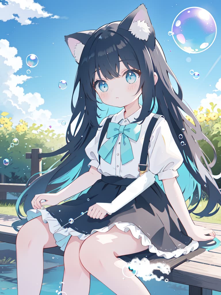  Girls, soap bubbles, skirts, cat ears, sea, sky, long hair, looking up, emo, physical education sitting, masterpiece, best quality,8k,ultra detailed,high resolution,an extremely delicate and beautiful,hyper detail