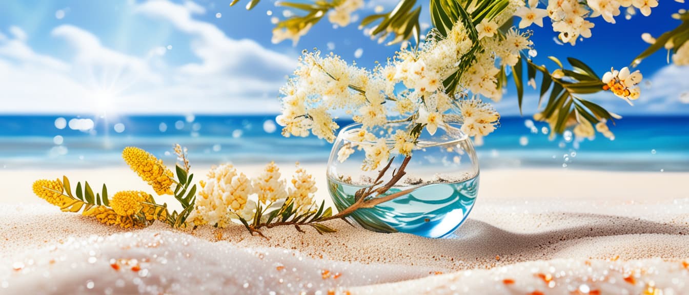  best quality, HD, Beach summer panoramic background with Acacia flower on the cristal sand and glory water