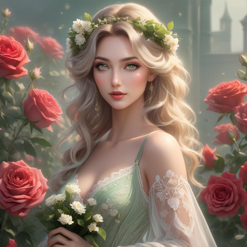  concept art A digital portrait of a woman with green eyes, wavy hair, and flowers adorning her hair and holding a bouquet of roses. Full body portrait of a young woman with a serene and gentle expression. She has soft facial features, large, almond shaped green eyes with dark lashes, and full, natural red lips. Her skin is fair with a warm undertone, and her face is framed by voluminous, wavy, ash blonde hair with lighter highlights, loosely styled, with a few delicate flowers on the right side above her ear. The subject is wearing a light, earth toned summer dress with delicate straps and a plunging neckline. The dress appears to be made of a flowing, sheer material with a subtle floral pattern, and features delicate lace detailing around  hyperrealistic, full body, detailed clothing, highly detailed, cinematic lighting, stunningly beautiful, intricate, sharp focus, f/1. 8, 85mm, (centered image composition), (professionally color graded), ((bright soft diffused light)), volumetric fog, trending on instagram, trending on tumblr, HDR 4K, 8K