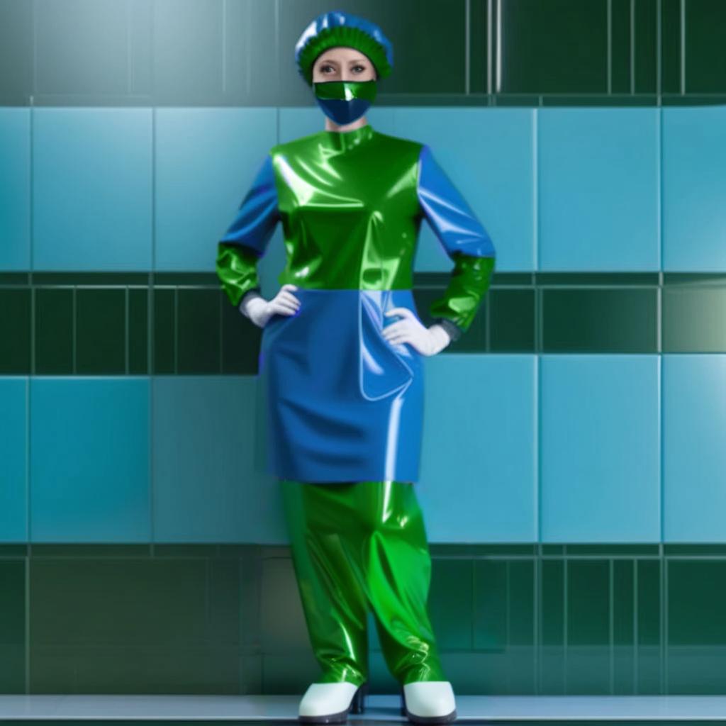  legs together, operating room shoes, identical high surgical shoe covers, knee high, with elastic cuffs up shoe covers, (the lower half from sole to ankle, from glossy latex dark green:1.3), (the upper half from ankle to knee, from glossy latex dark blue:1.5), (flat soled, without heels:1.2), front view, full face, full length hyperrealistic, full body, detailed clothing, highly detailed, cinematic lighting, stunningly beautiful, intricate, sharp focus, f/1. 8, 85mm, (centered image composition), (professionally color graded), ((bright soft diffused light)), volumetric fog, trending on instagram, trending on tumblr, HDR 4K, 8K