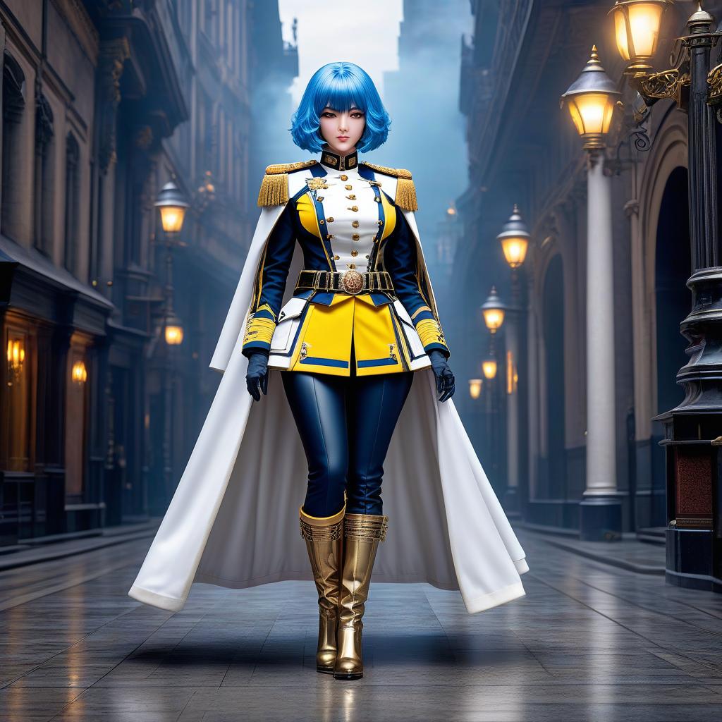  Girl, paladin, (full body), blue hair, bob cut, bright yellow eyes, hourglass figure, fully clothed, military uniform, (ceremonial uniform of the 19th century), white clothes, white cloak, (leggings), boots high topped, tight boots, shako, hat, belt, choker, epaulettes, awards, looks at viewer, looks down, evil grin, (extremely hyper detailed face), (masterpiece: 1.4), (perfect eyes: 1.1), (perfect hands), 2D, anime, extremely detailed clothes. hyperrealistic, full body, detailed clothing, highly detailed, cinematic lighting, stunningly beautiful, intricate, sharp focus, f/1. 8, 85mm, (centered image composition), (professionally color graded), ((bright soft diffused light)), volumetric fog, trending on instagram, trending on tumblr, HDR 4K, 8K