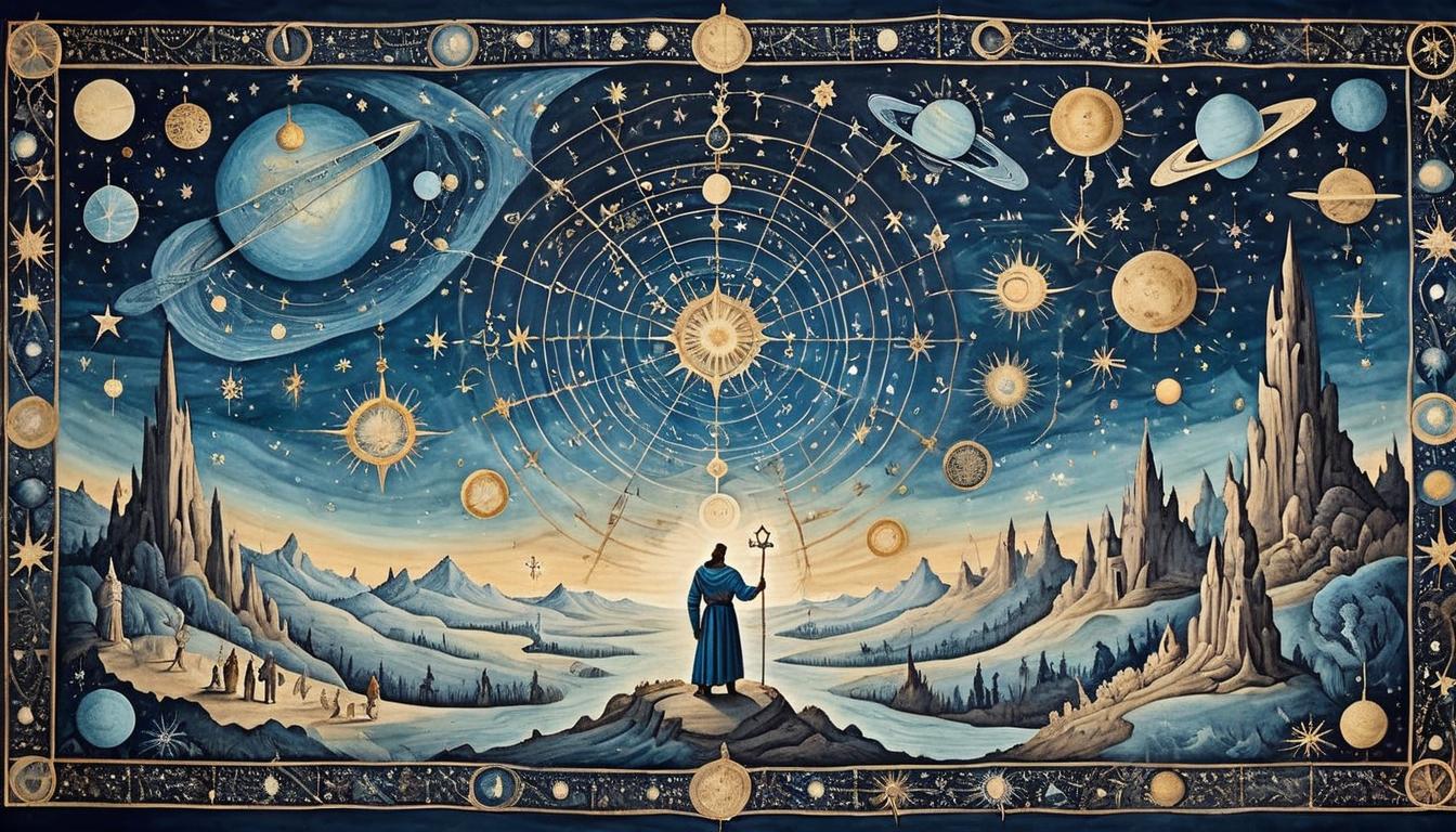  on parchment, surrealism+++, A grand tapestry of the cosmos, constellations aligning, hands weaving light, transformative, majestic(mysterious, provocative, symbolic,muted color)+++