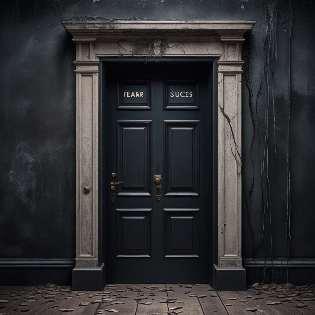  An illustration depicting the contrast between two doors representing choices of fear and success, with real emotions and detailed elements: 1. **Fear Door**: - Scene: A door labeled 'Fear' at the top. A person stands in front, appearing visibly anxious with a worried look on their face, sweating and biting their nails. - Mood: Fear, anxiety, hesitation. - Thought Bubbles: 'What if I fail?', 'I'm not ready.', 'It's too risky.' - Visual Elements: The door is dark and ominous, with shadowy figures behind it, cobwebs, and a faintly visible cracked door frame symbolizing neglect and apprehension. - Words displayed at the door: 'Fear' 2. **Success Door**: - Scene: A door labeled 'Success' at the top. A determined and hopeful person sta hyperrealistic, full body, detailed clothing, highly detailed, cinematic lighting, stunningly beautiful, intricate, sharp focus, f/1. 8, 85mm, (centered image composition), (professionally color graded), ((bright soft diffused light)), volumetric fog, trending on instagram, trending on tumblr, HDR 4K, 8K