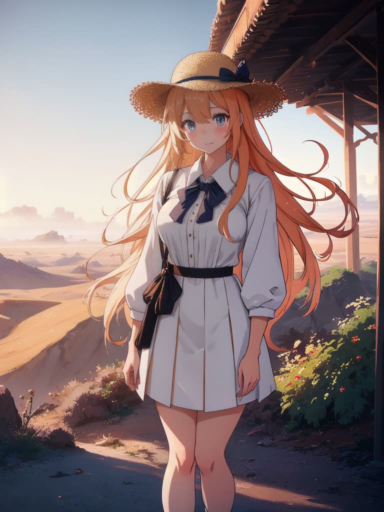  (score 9), score 8 up, highres, 1girl, anime, school uniform, straw hat, desert hyperrealistic, full body, detailed clothing, highly detailed, cinematic lighting, stunningly beautiful, intricate, sharp focus, f/1. 8, 85mm, (centered image composition), (professionally color graded), ((bright soft diffused light)), volumetric fog, trending on instagram, trending on tumblr, HDR 4K, 8K