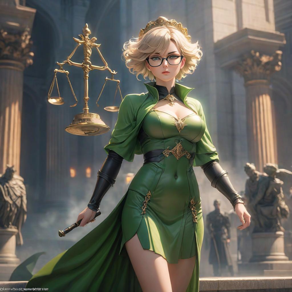  The goddess of justice and order. Short light hair, green eyes, glasses hyperrealistic, full body, detailed clothing, highly detailed, cinematic lighting, stunningly beautiful, intricate, sharp focus, f/1. 8, 85mm, (centered image composition), (professionally color graded), ((bright soft diffused light)), volumetric fog, trending on instagram, trending on tumblr, HDR 4K, 8K