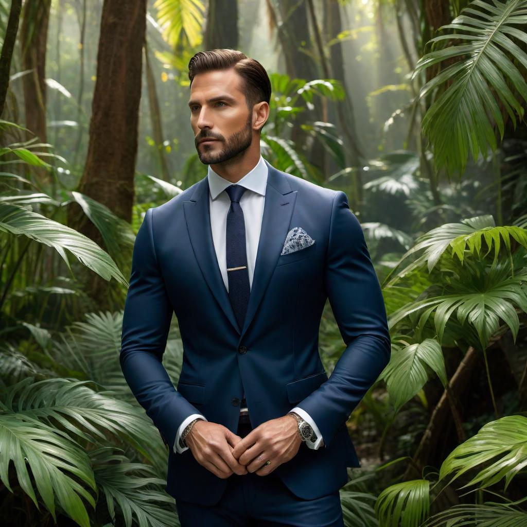  A polished, elegant man standing in a jungle setting, wearing a navy blue suit. The scene should evoke a sense of sophistication and class with natural elements of the jungle in the background. hyperrealistic, full body, detailed clothing, highly detailed, cinematic lighting, stunningly beautiful, intricate, sharp focus, f/1. 8, 85mm, (centered image composition), (professionally color graded), ((bright soft diffused light)), volumetric fog, trending on instagram, trending on tumblr, HDR 4K, 8K