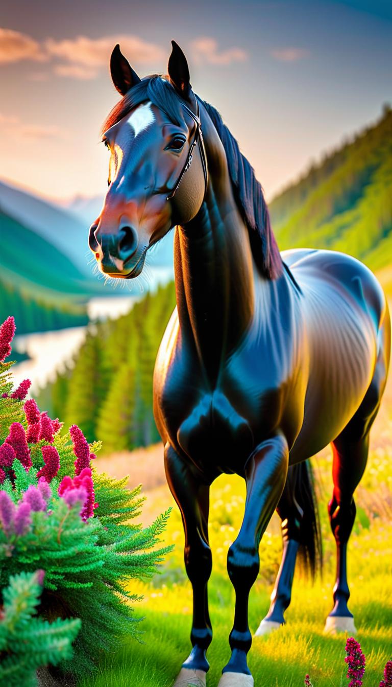  Professional 3D model of A stately, wonderful, black horse stands looking out over a beautiful lake. The horse stands on a mountain and is surrounded by small flowers and bushes. . Rendered with Octane, the model is highly detailed,dramatic lighting. hyperrealistic, full body, detailed clothing, highly detailed, cinematic lighting, stunningly beautiful, intricate, sharp focus, f/1. 8, 85mm, (centered image composition), (professionally color graded), ((bright soft diffused light)), volumetric fog, trending on instagram, trending on tumblr, HDR 4K, 8K