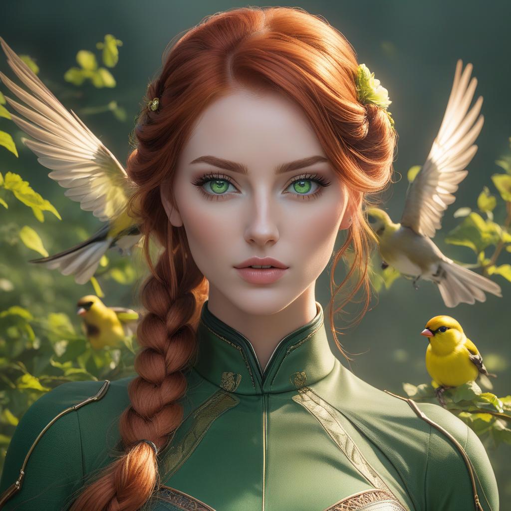  Digital artwork of a woman with striking green eyes and auburn braided hair, over a textured background. gorgeous redhead model with green eyes, goldfinch flying, smooth and realistic portrait, smooth and intricate, high definition, realistic, clear and detailed eyes, hi res, photorealistic, Nikon Z9, 85mm F1.2, DOF, smooth and realistic hyperrealistic, full body, detailed clothing, highly detailed, cinematic lighting, stunningly beautiful, intricate, sharp focus, f/1. 8, 85mm, (centered image composition), (professionally color graded), ((bright soft diffused light)), volumetric fog, trending on instagram, trending on tumblr, HDR 4K, 8K