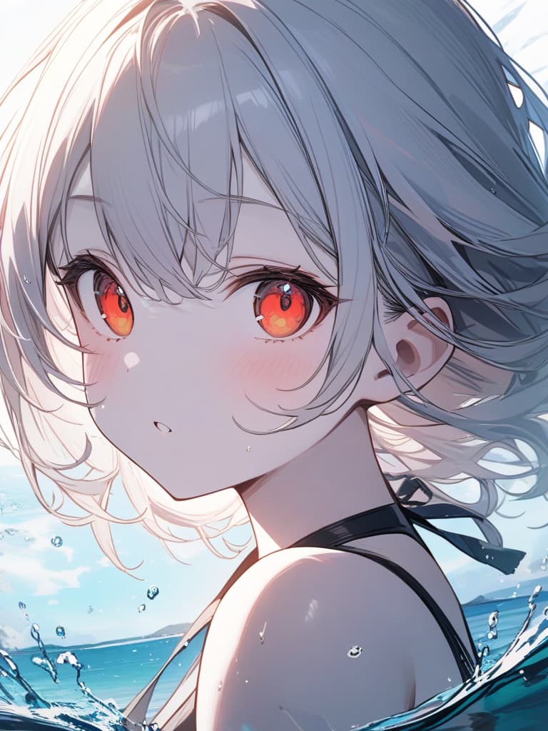  Cute, , big eyes, , sea, beautiful, swimwear, fluffy hair, , water splash, young face, white skin, bright red eyes, young face, masterpiece, best quality,8k,ultra detailed,high resolution,an extremely delicate and beautiful,hyper detail