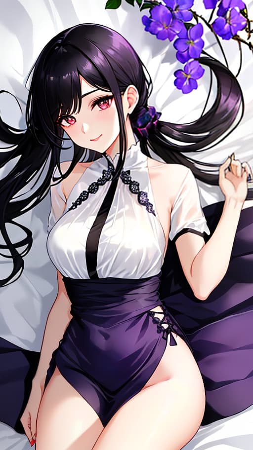  A young with youthful features, long black hair pulled back in two ponytails, and deep red eyes. She has a slender figure with natural proportions. She is wearing a light summer outfit: a dark purple knee length , loose fitting and slightly flared, made of light fabric with small lace at the edges. The is light purple in color, made of light and airy fabric, with a V neck and short sleeves with small ruffles. light black eyeliner around the eyes, dark purple shadows and a light dark purple lip gloss. The lies on a white sheet, positioned horizontally, creating a feeling of coziness and comfort, with a gentle and caring expression on her face. Full length image. Top view, image for dakimakura, one character, lying horiz hyperrealistic, full body, detailed clothing, highly detailed, cinematic lighting, stunningly beautiful, intricate, sharp focus, f/1. 8, 85mm, (centered image composition), (professionally color graded), ((bright soft diffused light)), volumetric fog, trending on instagram, trending on tumblr, HDR 4K, 8K