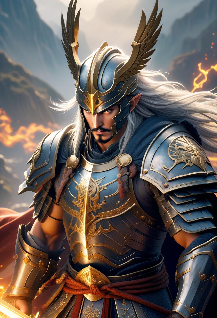  "A majestic warrior stands before you, his muscular body covered in massive armor, adorned with runes and symbols of ancient magic. His suspicious gaze suggests he is always ready for battle, deeds of valor, and protection of his allies. In his hands is a heavy sword, gleaming with metal and blood of vanquished enemies. Hanging from his back is a massive shield, adorned with his clan's crest and marks of victory. In every move of this warrior, there is power and determination, as if he embodies the spirit of warfare and unyielding protection. The ground trembles underneath his feet with each powerful strike, as if nature itself submits to his warrior's might. The gaze of this warrior is filled with the fiery zeal of battle, ready to consume hyperrealistic, full body, detailed clothing, highly detailed, cinematic lighting, stunningly beautiful, intricate, sharp focus, f/1. 8, 85mm, (centered image composition), (professionally color graded), ((bright soft diffused light)), volumetric fog, trending on instagram, trending on tumblr, HDR 4K, 8K