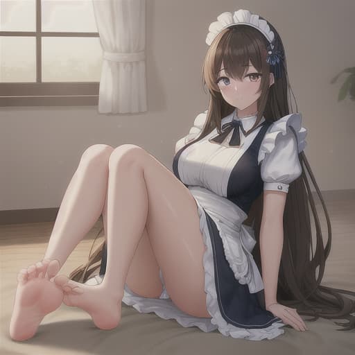  (score 9,score 8 up,score 7 up,),1girl,solo,maid,maid headdress,looking at viewer,apron,brown hair,indoors,black hair,bare foot,feet focus,two feet hyperrealistic, full body, detailed clothing, highly detailed, cinematic lighting, stunningly beautiful, intricate, sharp focus, f/1. 8, 85mm, (centered image composition), (professionally color graded), ((bright soft diffused light)), volumetric fog, trending on instagram, trending on tumblr, HDR 4K, 8K