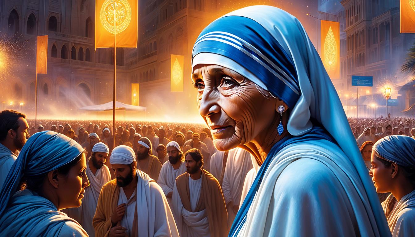  fluorescent dust, fluorescent spraypaint, fluorescent grain, fluorescent make up Mother Teresa amidst a crowd of suffering individuals, yet glowing with a serene and untouched energy, aided by gentle celestial beings, mood of inner strength, compassion, and endurance.dust, cinematic film, best quality, high resolution, realistic, 8k, dynamic angle, serene, extremely detailed, absurdres particle effect, wonderful night dreamlike glowing masterpiece, celestial, detailed, realistic, image concept art, phenomenal mesmerise, maximalist,