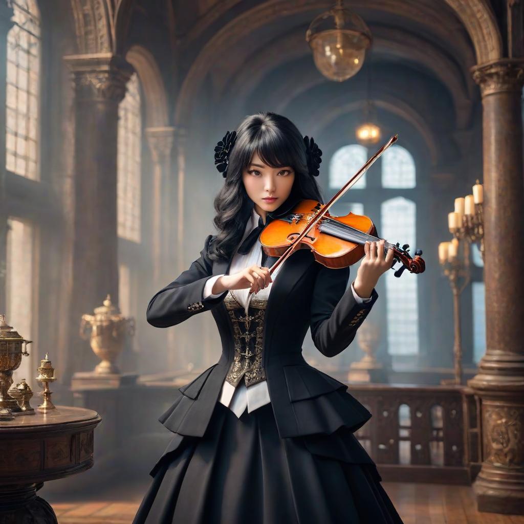  woman violinist business suit black hair ancient hyperrealistic, full body, detailed clothing, highly detailed, cinematic lighting, stunningly beautiful, intricate, sharp focus, f/1. 8, 85mm, (centered image composition), (professionally color graded), ((bright soft diffused light)), volumetric fog, trending on instagram, trending on tumblr, HDR 4K, 8K