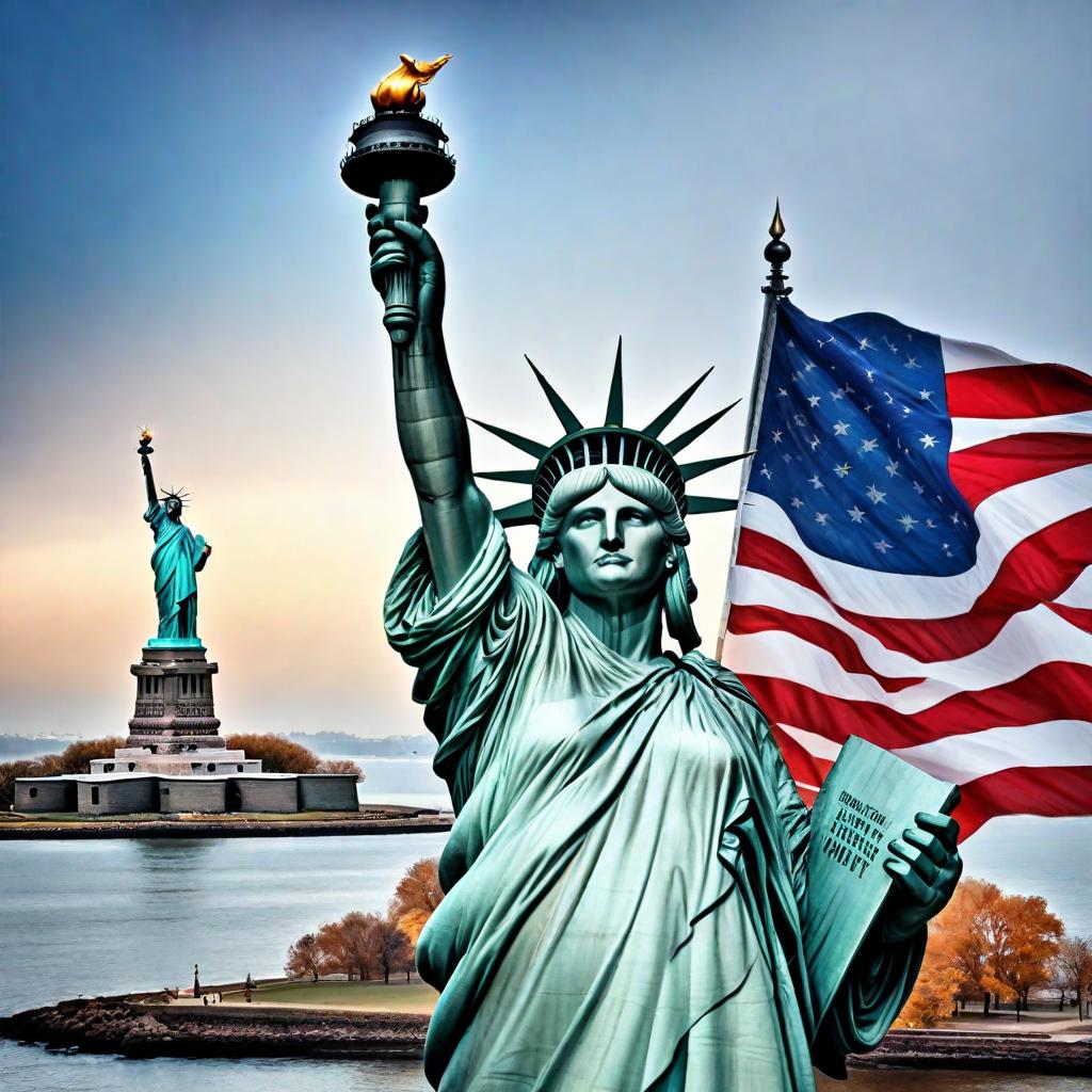  Create a watercolor digital painting of the Statue of Liberty with the American flag waving in the background. The Statue of Liberty should be detailed and prominent in the foreground, capturing its iconic features. The American flag should be artistically rendered in the background, with its colors blending softly in a watercolor style. The overall image should have a delicate and artistic watercolor effect, with soft, pastel tones and splashes to enhance the dreamy and patriotic feel. hyperrealistic, full body, detailed clothing, highly detailed, cinematic lighting, stunningly beautiful, intricate, sharp focus, f/1. 8, 85mm, (centered image composition), (professionally color graded), ((bright soft diffused light)), volumetric fog, trending on instagram, trending on tumblr, HDR 4K, 8K