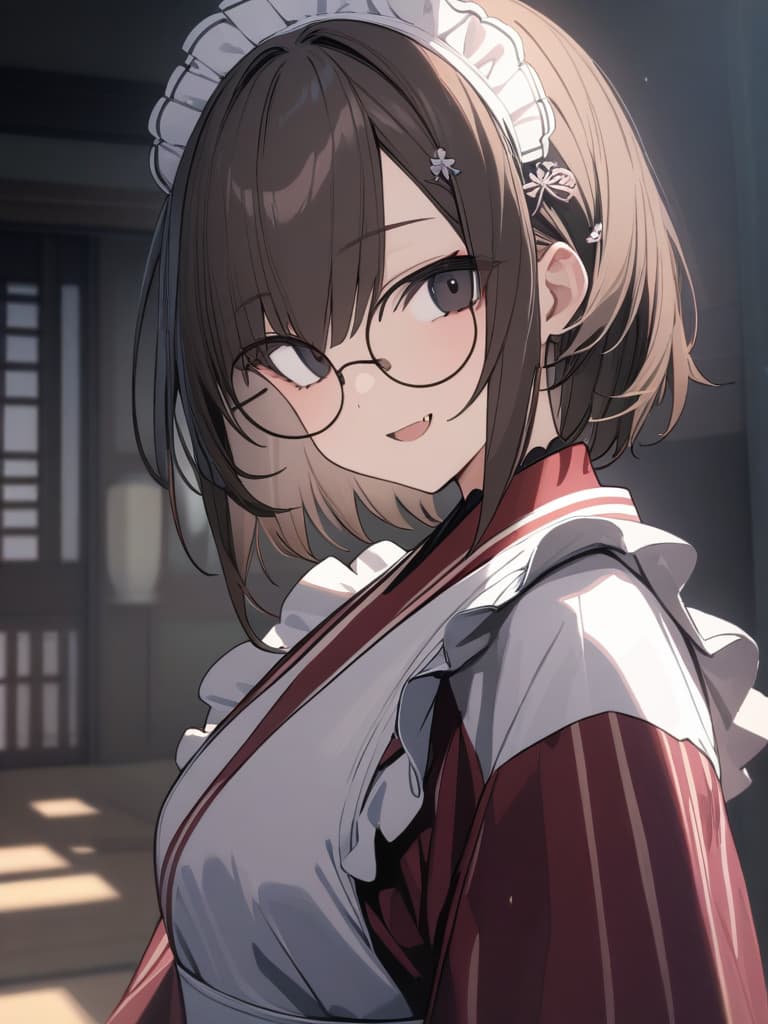  ultra detailed:1.2,masterpiece:1.2,best quality,masterpiece,bestquality,hdr:1.1,8k:1.1,very cute girl:1.3,(wine red color kimono,vertical striped kimono:1.3),(gles,small round eyewear:1.4),(dark brown hair:1.3),(black eye:1.4),(maid headdress:1.5),(white apron:1.4),upper body:1.3,face focus:1.4,old Japanese room:1.5,(open mouth,fang:1.1),(light smile:1.3),(short hair,forehead:1.2),hair pin, masterpiece, best quality,8k,ultra detailed,high resolution,an extremely delicate and beautiful,hyper detail