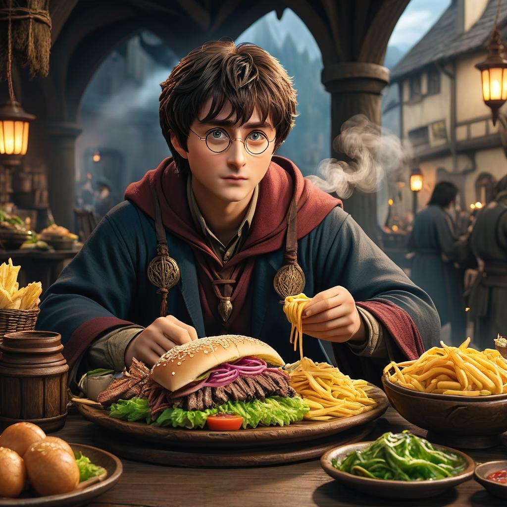  anime artwork Harry Potter eating shawarma in the world of The Lord of the Rings . anime style, key visual, vibrant, studio anime, highly detailed hyperrealistic, full body, detailed clothing, highly detailed, cinematic lighting, stunningly beautiful, intricate, sharp focus, f/1. 8, 85mm, (centered image composition), (professionally color graded), ((bright soft diffused light)), volumetric fog, trending on instagram, trending on tumblr, HDR 4K, 8K