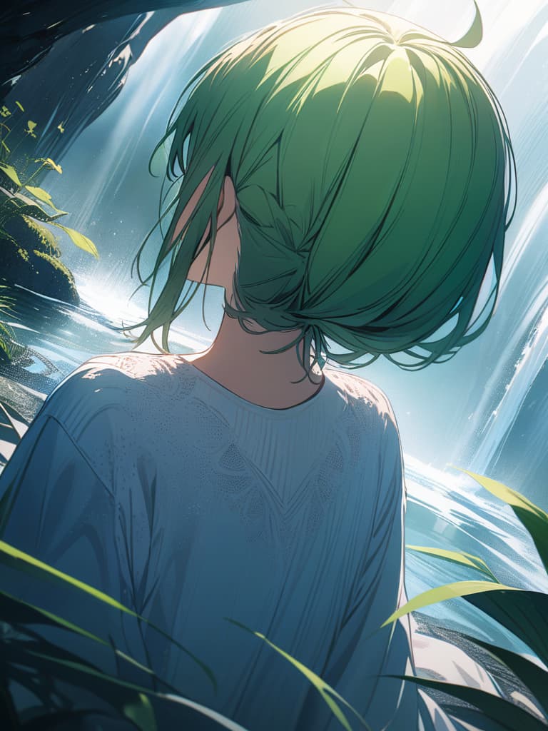  Green hair character reflected in the waterfall, masterpiece, best quality,8k,ultra detailed,high resolution,an extremely delicate and beautiful,hyper detail