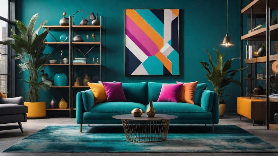  Create an image of an 80s inspired living room with vibrant neon colors and bold patterns. Include a large, plush sofa in a striking teal color and funky throw pillows. Display abstract art on the walls and a collection of vinyl records on sleek shelving units. Add a shaggy rug and a retro lava lamp to complete the retro 80s vibe. hyperrealistic, full body, detailed clothing, highly detailed, cinematic lighting, stunningly beautiful, intricate, sharp focus, f/1. 8, 85mm, (centered image composition), (professionally color graded), ((bright soft diffused light)), volumetric fog, trending on instagram, trending on tumblr, HDR 4K, 8K