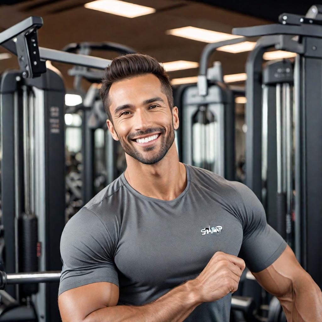  A profile photo of a man at the gym. Enhance the image with improved lighting and clarity, ensure the man is smiling, and make him the primary focus of the image while keeping the gym setting. Keep the enhancements subtle to maintain the authenticity and personality of the original photo. hyperrealistic, full body, detailed clothing, highly detailed, cinematic lighting, stunningly beautiful, intricate, sharp focus, f/1. 8, 85mm, (centered image composition), (professionally color graded), ((bright soft diffused light)), volumetric fog, trending on instagram, trending on tumblr, HDR 4K, 8K