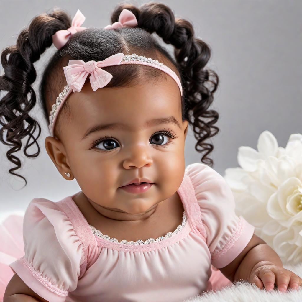  8-month-old baby girl with very curly black hair in 2 ponytails, lighter medium skin tone (African American and Mexican descent), 22 pounds, and 30 inches tall. She has small eyes, a skinny nose, and a beautiful smile. hyperrealistic, full body, detailed clothing, highly detailed, cinematic lighting, stunningly beautiful, intricate, sharp focus, f/1. 8, 85mm, (centered image composition), (professionally color graded), ((bright soft diffused light)), volumetric fog, trending on instagram, trending on tumblr, HDR 4K, 8K