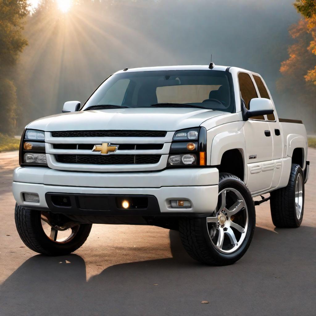  2005 White Chevrolet Silverado SS extra cab. Emphasize the robust design, detailed headlights, front grille, and sporty wheels. Place the truck in a scenic background with good lighting to showcase its features. hyperrealistic, full body, detailed clothing, highly detailed, cinematic lighting, stunningly beautiful, intricate, sharp focus, f/1. 8, 85mm, (centered image composition), (professionally color graded), ((bright soft diffused light)), volumetric fog, trending on instagram, trending on tumblr, HDR 4K, 8K