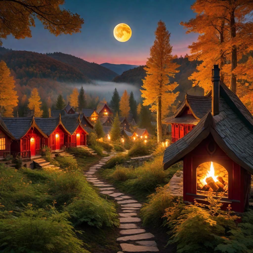  A woodland scene with green and gold trees, a red sky, and a golden sun with the moon in the background. There are 1,000 little cottages with candle lights glowing in the windows. Lots of music is being played, and there are 100 campfires scattered throughout the area. hyperrealistic, full body, detailed clothing, highly detailed, cinematic lighting, stunningly beautiful, intricate, sharp focus, f/1. 8, 85mm, (centered image composition), (professionally color graded), ((bright soft diffused light)), volumetric fog, trending on instagram, trending on tumblr, HDR 4K, 8K