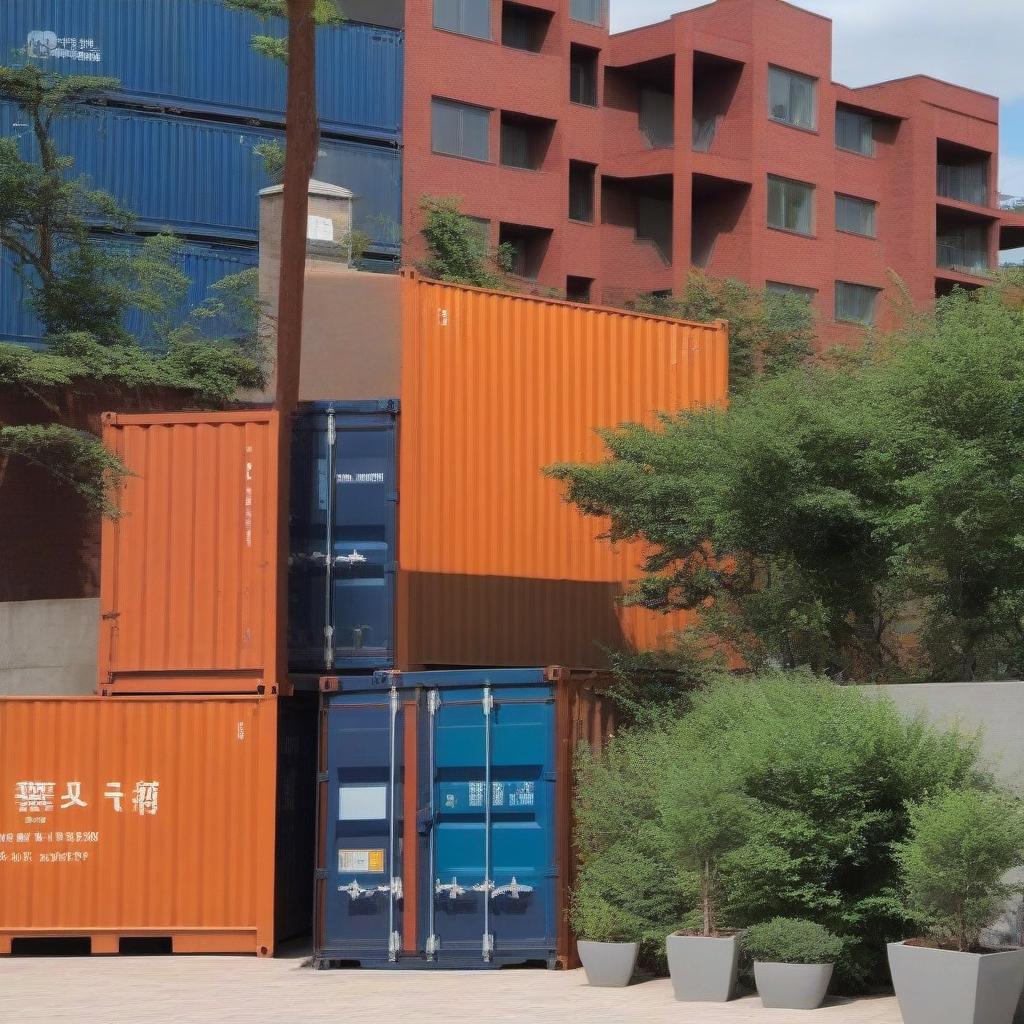  Your Prompt: Polymer containers with garbage are on the ground in one row on a small platform in the courtyard of a multi -storey building :: containers have the same size and geometric shape of the cube.The rib of the cube has a size of one meter :: Each container has its own color: orange, blue and green :: Containers stand close to each other and together form one line :: The container line is located parallel to the wall of the apartment building.The distance from the container line to the wall of the house is 20 meters.