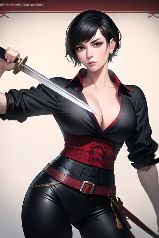  black hair, very short hair, woman, older sister, mature, white dress shirt, red corset, black leather pants, long Japanese sword, muscular, accurate eyes, accurate hands, Japanese armor on shoulders and arms,cowboy shot, (Masterpiece, BestQuality:1.3), (ultra detailed:1.2), (hyperrealistic:1.3), (RAW photo:1.2),High detail RAW color photo, professional photograph, (Photorealistic:1.4), (realistic:1.4), ,professional lighting, (japanese), beautiful face, (realistic face)