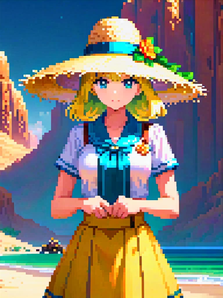  (score 9), score 8 up, highres, 1girl, anime, school uniform, straw hat, desert hyperrealistic, full body, detailed clothing, highly detailed, cinematic lighting, stunningly beautiful, intricate, sharp focus, f/1. 8, 85mm, (centered image composition), (professionally color graded), ((bright soft diffused light)), volumetric fog, trending on instagram, trending on tumblr, HDR 4K, 8K