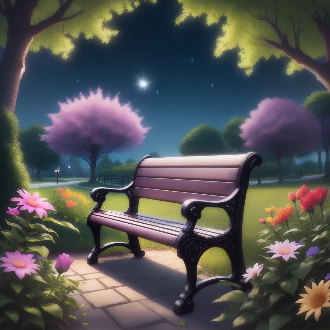  A park bench, stars , beautiful flowers exotic, half-day, half-nighttime , hyperrealistic, high quality, highly detailed, perfect lighting, intricate, sharp focus, f/1. 8, 85mm, (centered image composition), (professionally color graded), ((bright soft diffused light)), trending on instagram, HDR 4K, 8K