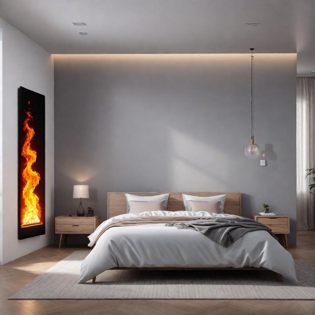  A modern bedroom with a fire alarm system connected via Bluetooth to a bed equipped with a vibration system. The bed has a high-tech look, possibly with visible vibration mechanisms or a control panel. The fire alarm is mounted on the wall, emitting a signal to the bed. The scene should show how the alarm triggers the bed to vibrate, waking the person up to safely exit the house. The image should convey a sense of safety and emergency preparedness. hyperrealistic, full body, detailed clothing, highly detailed, cinematic lighting, stunningly beautiful, intricate, sharp focus, f/1. 8, 85mm, (centered image composition), (professionally color graded), ((bright soft diffused light)), volumetric fog, trending on instagram, trending on tumblr, HDR 4K, 8K