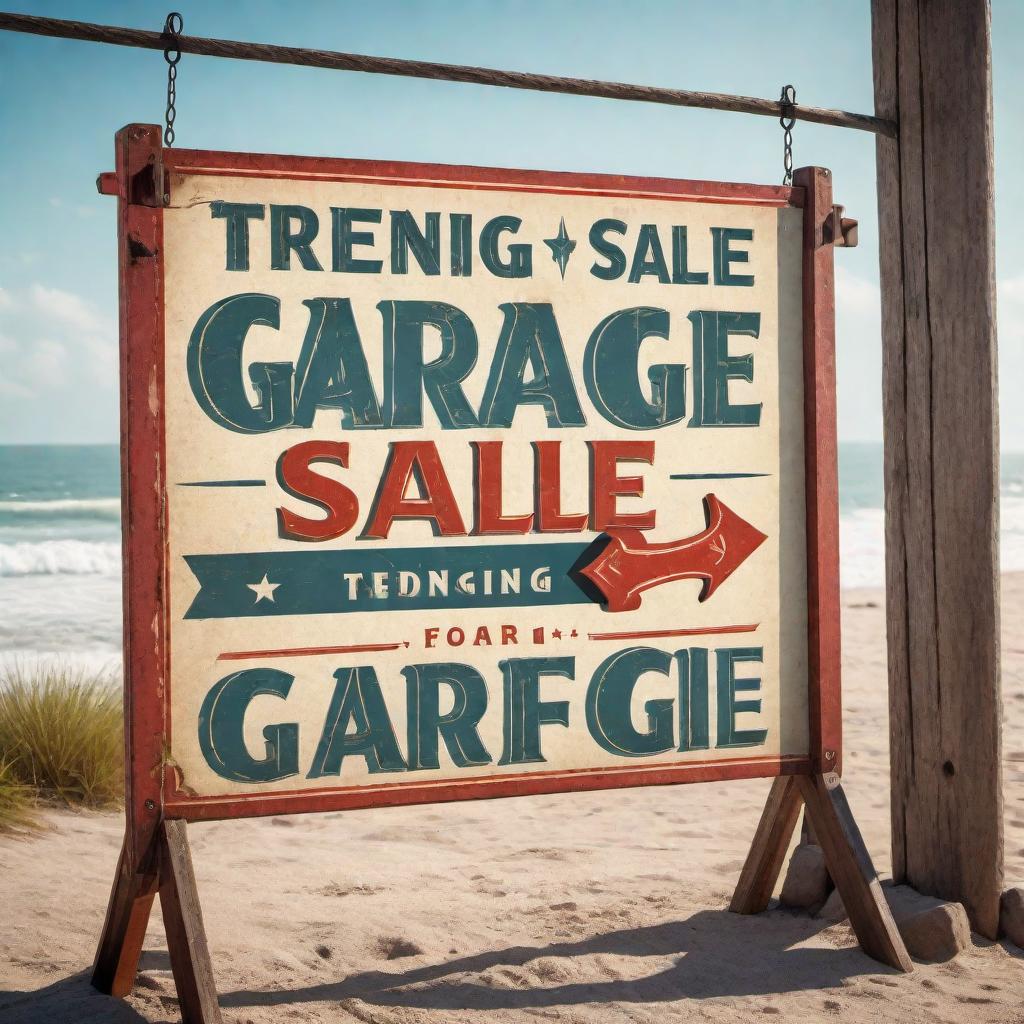  Vintage style garage sale sign, with retro fonts, distressed textures, and decorative elements. Use a weathered background and bold typography to emphasize 'Garage Sale'. Add a pointing arrow and space for date and location information. hyperrealistic, full body, detailed clothing, highly detailed, cinematic lighting, stunningly beautiful, intricate, sharp focus, f/1. 8, 85mm, (centered image composition), (professionally color graded), ((bright soft diffused light)), volumetric fog, trending on instagram, trending on tumblr, HDR 4K, 8K