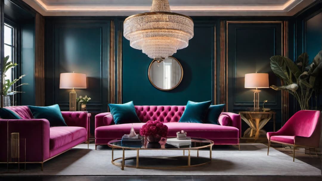  Generate an image of a living room with bold, neon colors, plush velvet furniture, and mirrored surfaces reflecting the era's opulence. Include geometric patterns, a glass coffee table, and a statement chandelier hanging from the ceiling. additional guidelines  hyperrealistic, full body, detailed clothing, highly detailed, cinematic lighting, stunningly beautiful, intricate, sharp focus, f/1. 8, 85mm, (centered image composition), (professionally color graded), ((bright soft diffused light)), volumetric fog, trending on instagram, trending on tumblr, HDR 4K, 8K