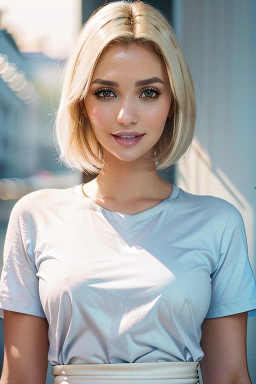  1girl,1girl,blonde short hair,straight hair,upper body shot,shirt,smile hyperrealistic, full body, detailed clothing, highly detailed, cinematic lighting, stunningly beautiful, intricate, sharp focus, f/1. 8, 85mm, (centered image composition), (professionally color graded), ((bright soft diffused light)), volumetric fog, trending on instagram, trending on tumblr, HDR 4K, 8K