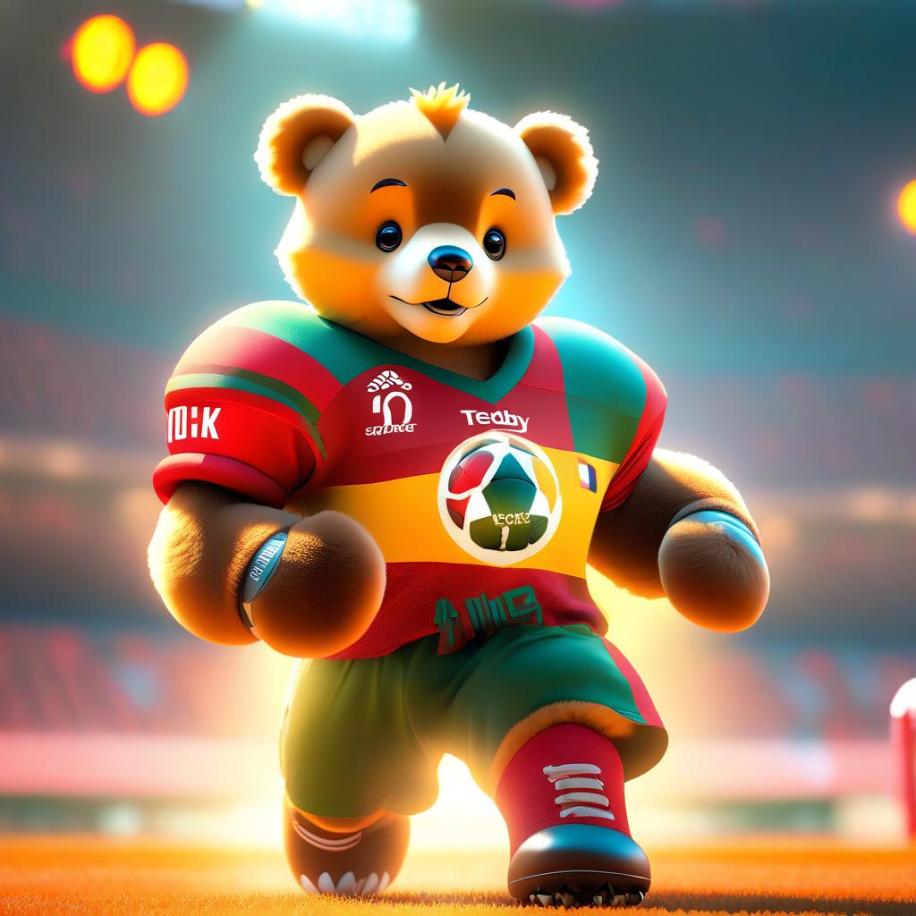  ethereal fantasy concept art of (Mascot):teddy bear, soft toy, football, game, mascot. (Appearance):dressed in a football uniform in the colours of the German national flag. In his paws holds a football. (Style:fantasy, cartoon) . magnificent, celestial, ethereal, painterly, epic, majestic, magical, fantasy art, cover art, dreamy, hkmagic hyperrealistic, full body, detailed clothing, highly detailed, cinematic lighting, stunningly beautiful, intricate, sharp focus, f/1. 8, 85mm, (centered image composition), (professionally color graded), ((bright soft diffused light)), volumetric fog, trending on instagram, trending on tumblr, HDR 4K, 8K