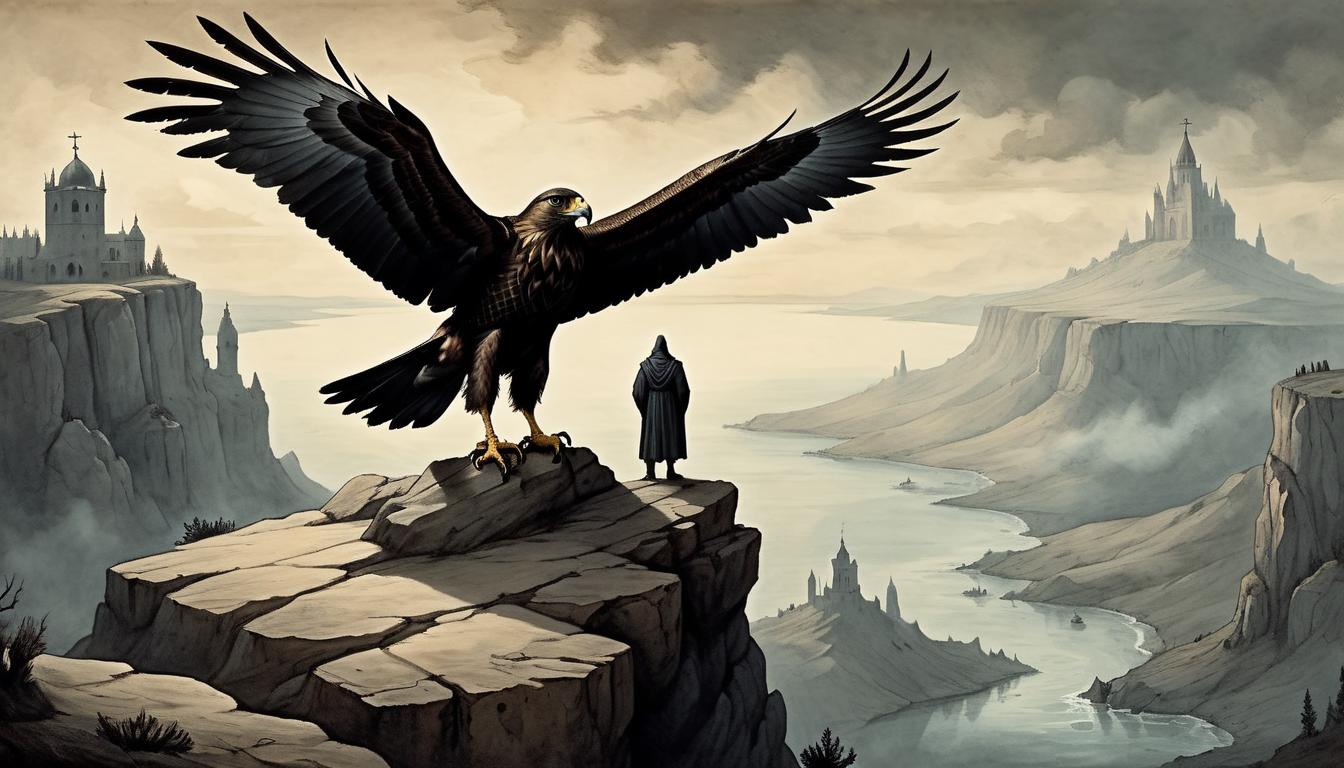  on parchment, surrealism+++, A vigilant figure standing on a cliff edge, eyes wide open, hawk like gaze focusing on the distant horizon, dark robed, heightened awareness, cautious, perceptive(mysterious, provocative, symbolic,muted color)+++