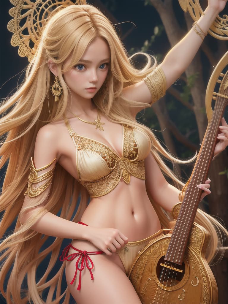  line art drawing lyre storm string instrument driftwood melancholy blond hair long toga bikini front view, , , photorealistic, raw photo, (1girl, looking at viewer), long hair, translucent clothing, intricate armlets, delicate wood filigree, intricate filigree, red metalic parts, detailed part, dynamic pose, detailed background, dynamic lighting,(textured skin:1.3). professional, sleek, modern, minimalist, graphic, line art, vector graphics