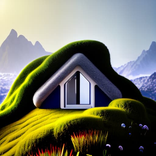 wa-vy style Realistic architectural rendering of a capsule multiple house within concrete giant blocks with moss and tall rounded windows with lights in the interior, human scales hyperrealistic, full body, detailed clothing, highly detailed, cinematic lighting, stunningly beautiful, intricate, sharp focus, f/1. 8, 85mm, (centered image composition), (professionally color graded), ((bright soft diffused light)), volumetric fog, trending on instagram, trending on tumblr, HDR 4K, 8K